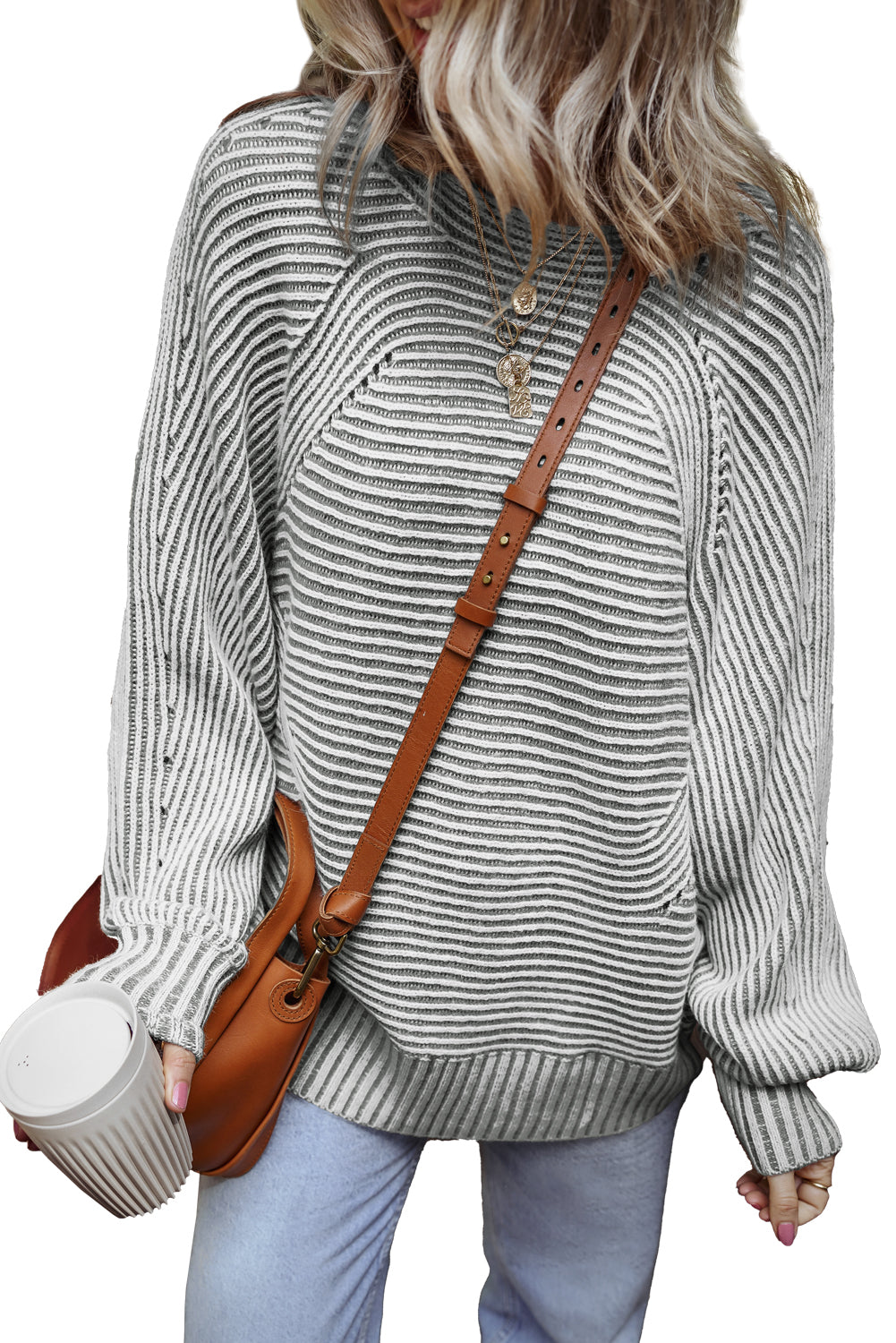 Striped Print Rib-Knit Knit Boat Neck Baggy Knit Top