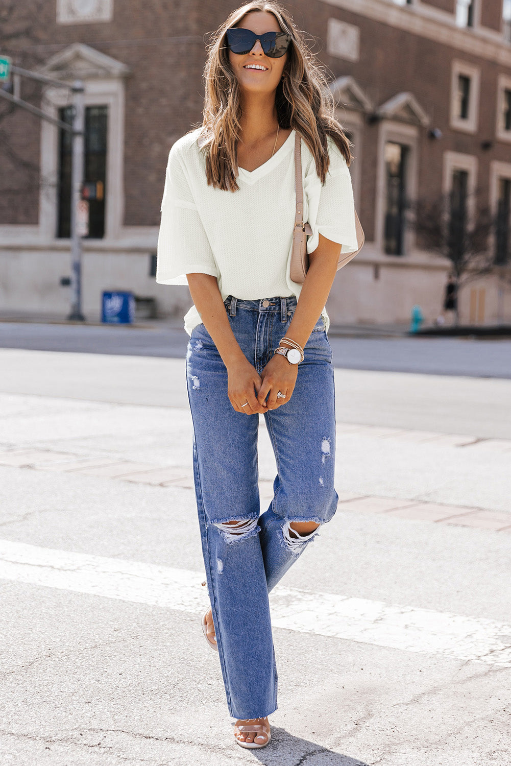 Women's Waffle Knitted Dropped-Shoulder Loose Top