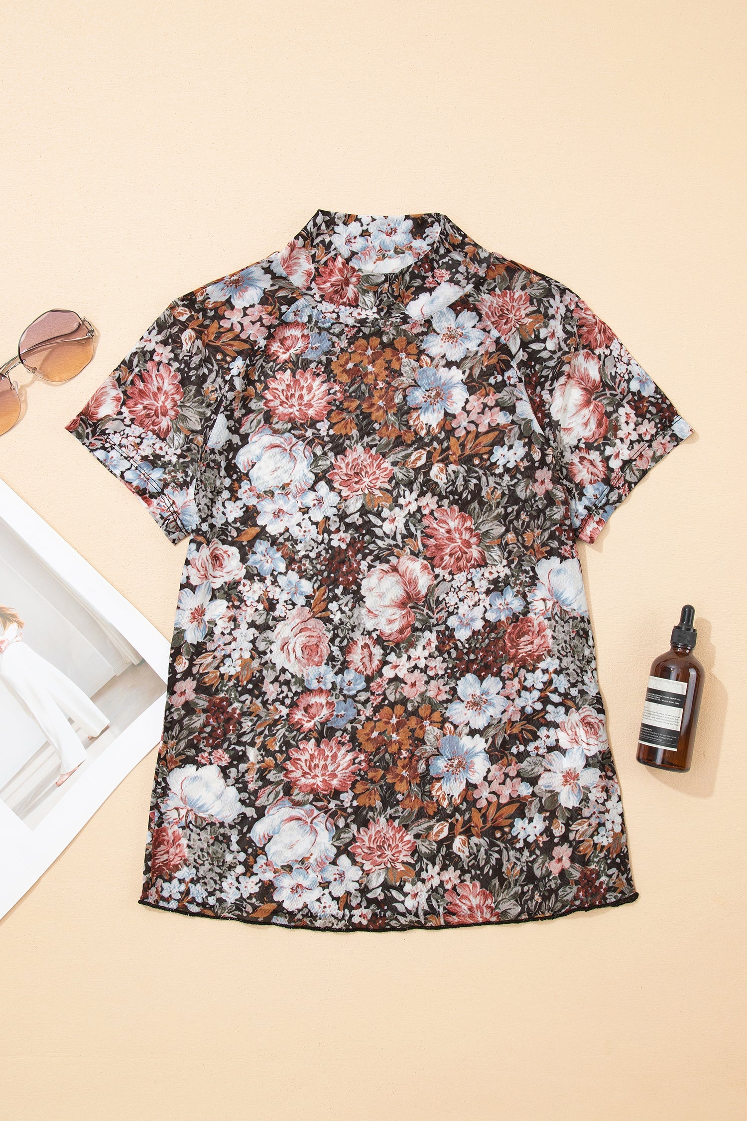 Neck Floral-Print High Short-Sleeved Mesh Top