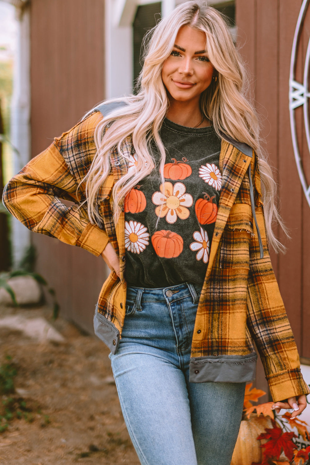 Women's Jacket with Plaid Hooded Frayed Snap