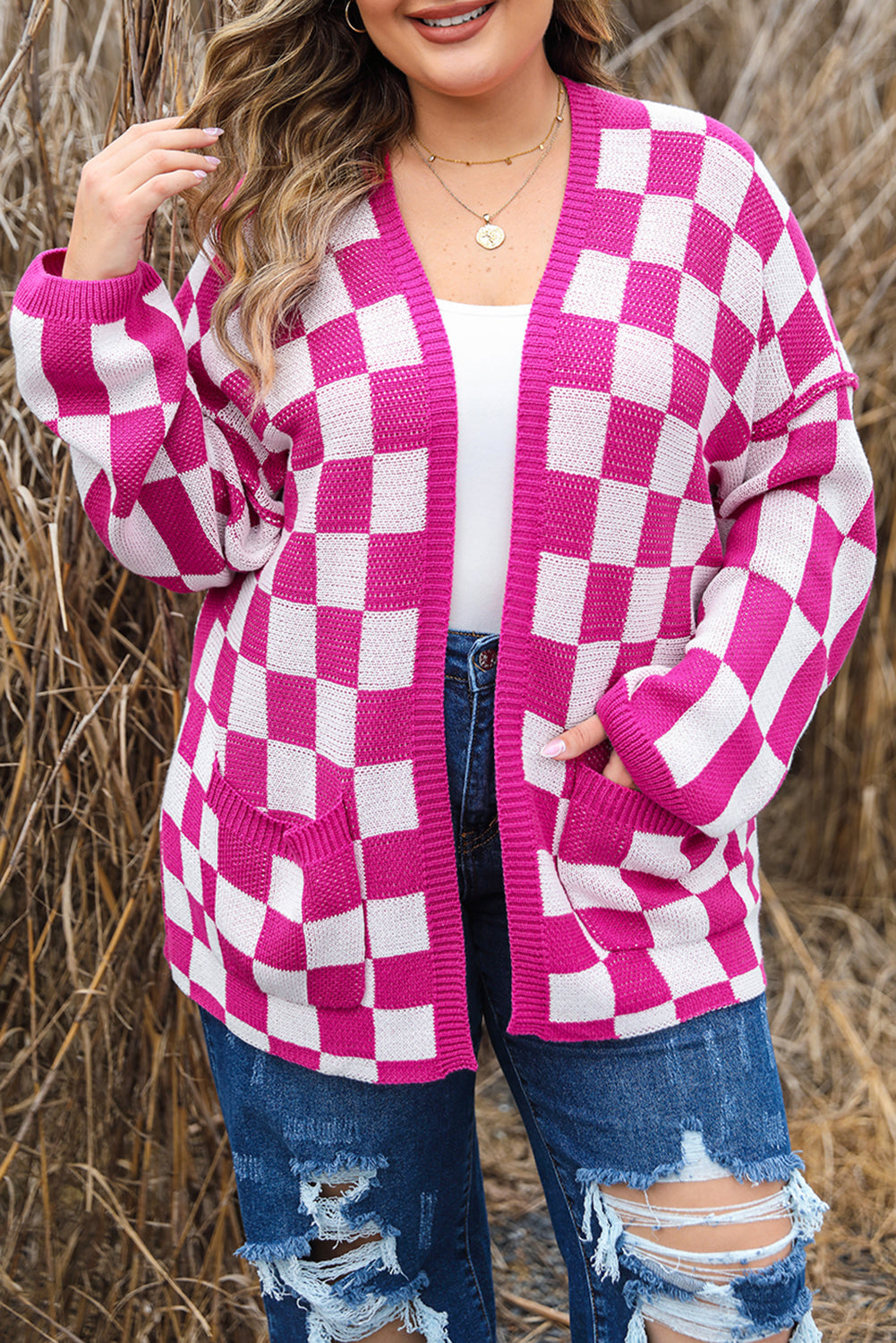 Women's Checked Pattern Plus Size Cardigan