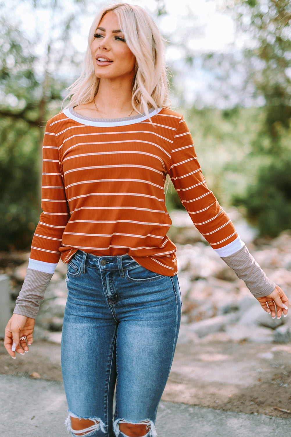 Women's Pullover with Striped Extend Cuffs Rib-Knitted