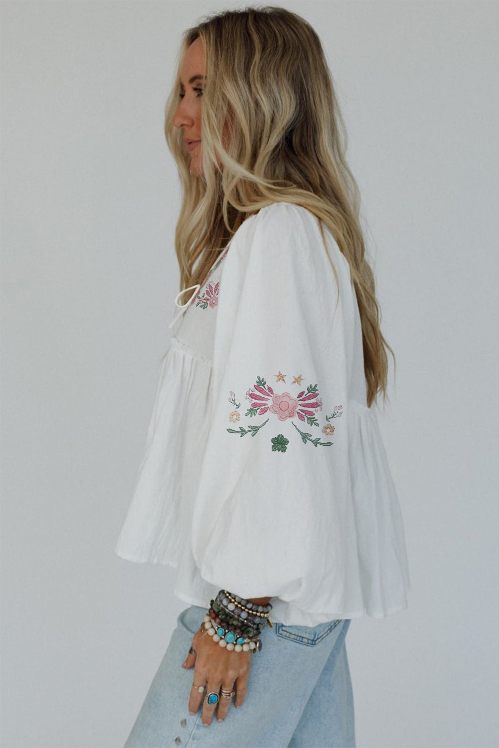 Lace-up Flower Print V-Neck Babydoll Blouse