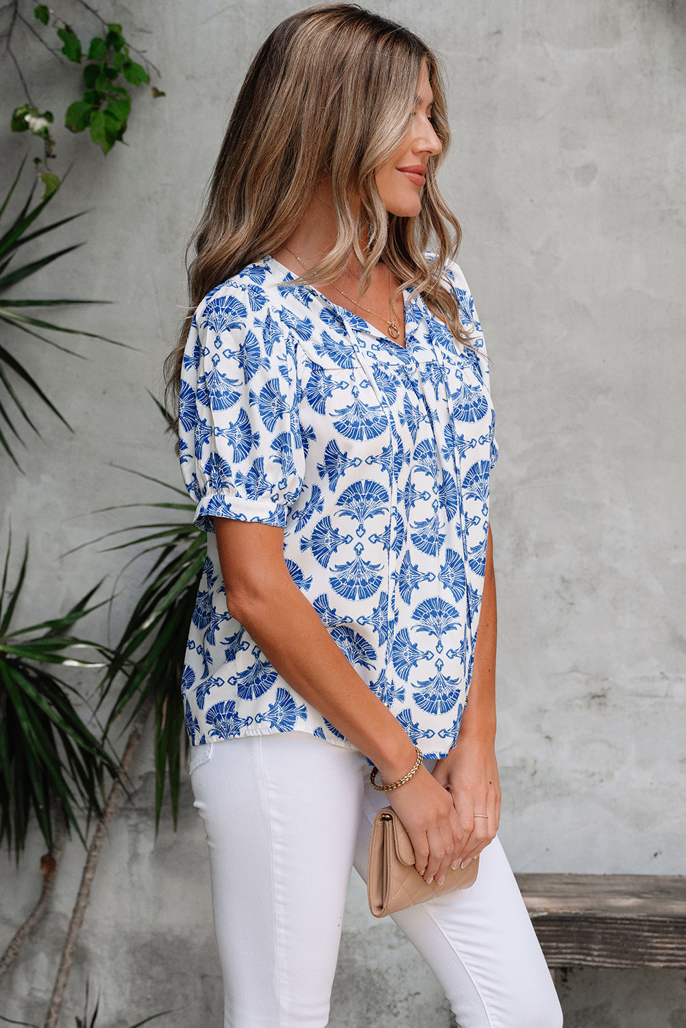 Geometric Drawcord Print Tassel V-Neck Blouse