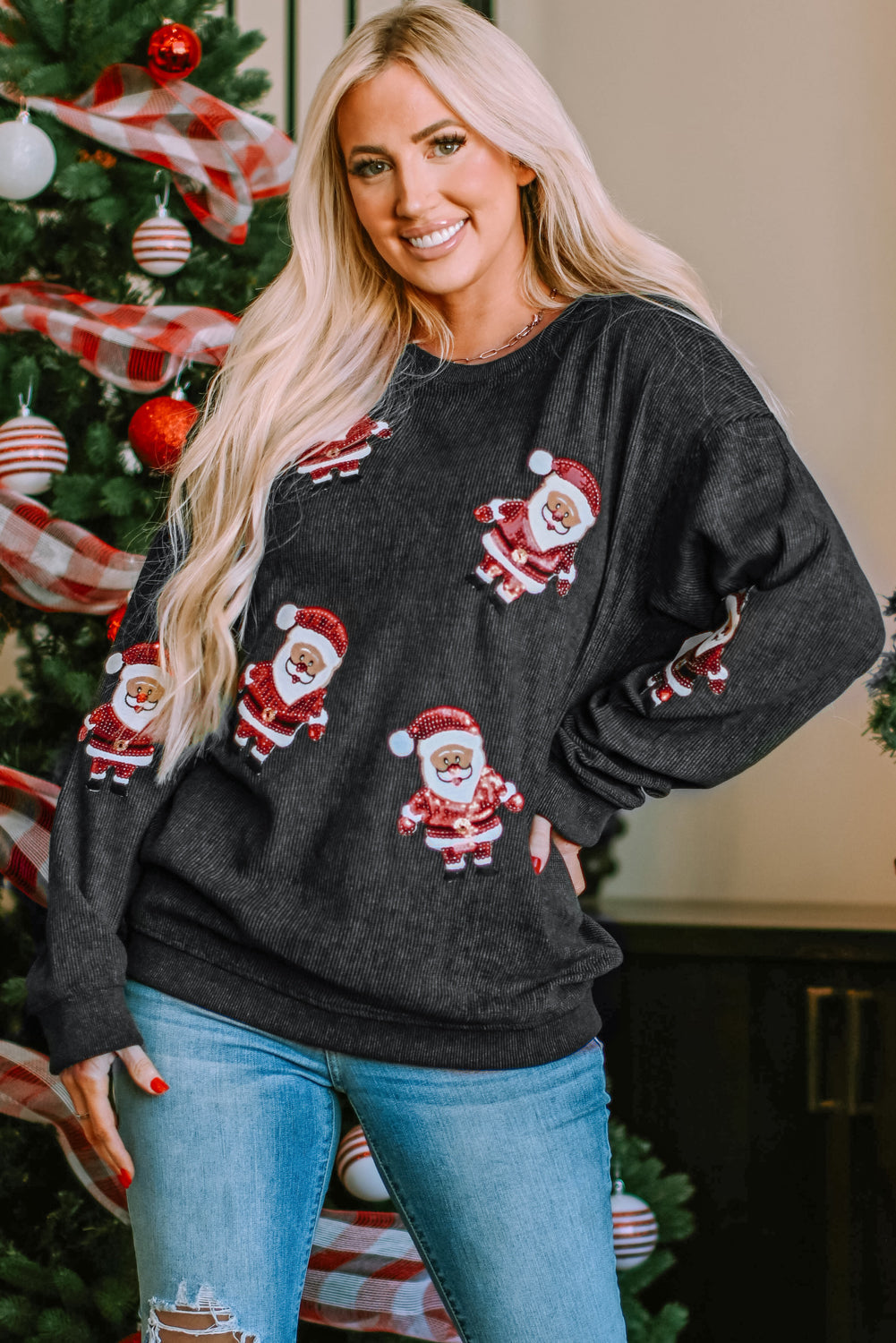Women's Graphic Sweatshirt with Sequined Santa Claus