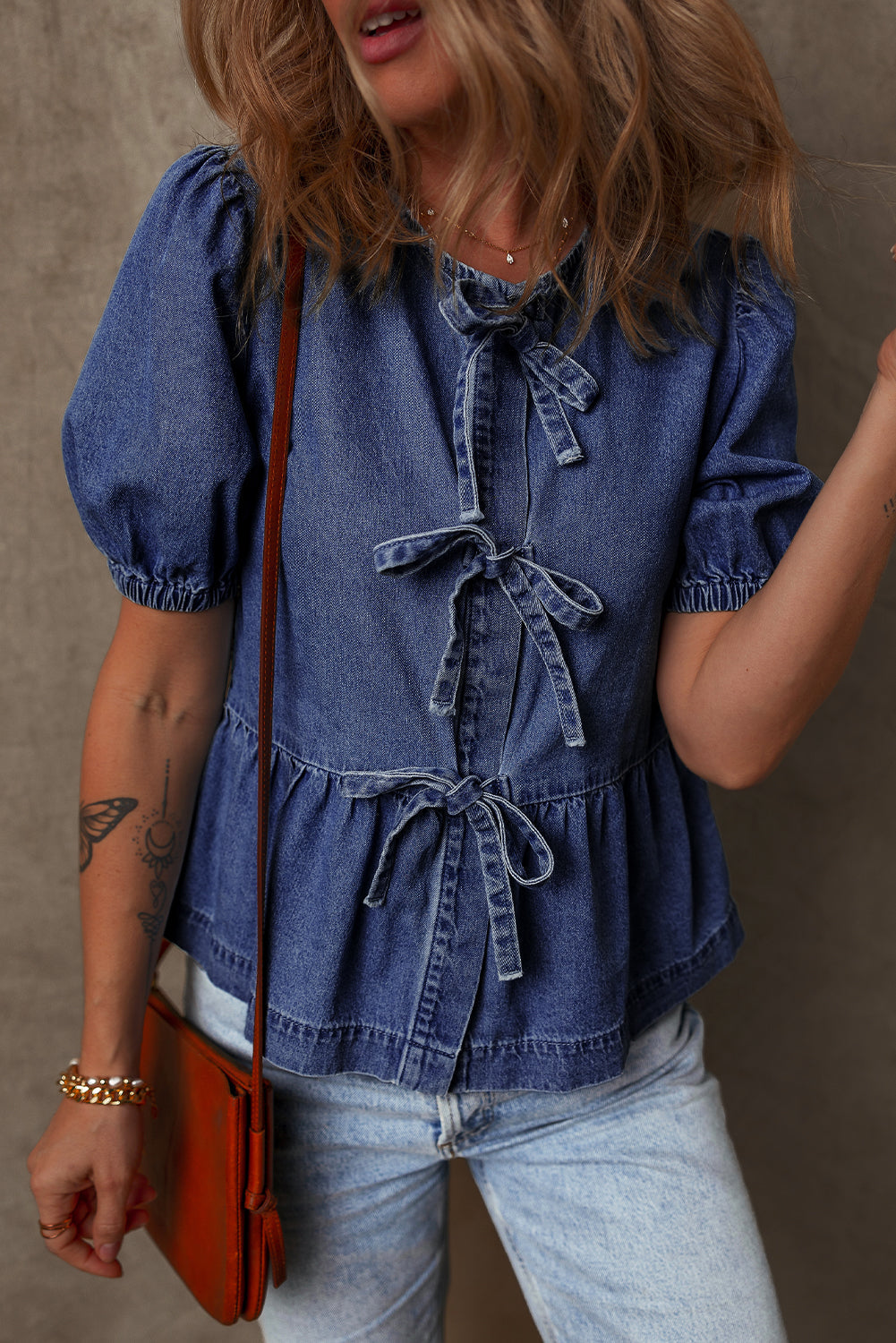 Sail Blue Tied Front Peplum Denim Shirt