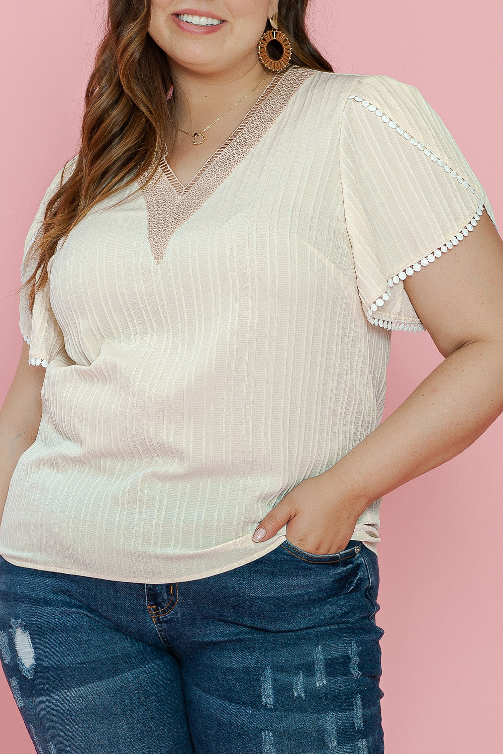Blouse for Women Plus Contrast Guipure Lace-Trimmed Petal