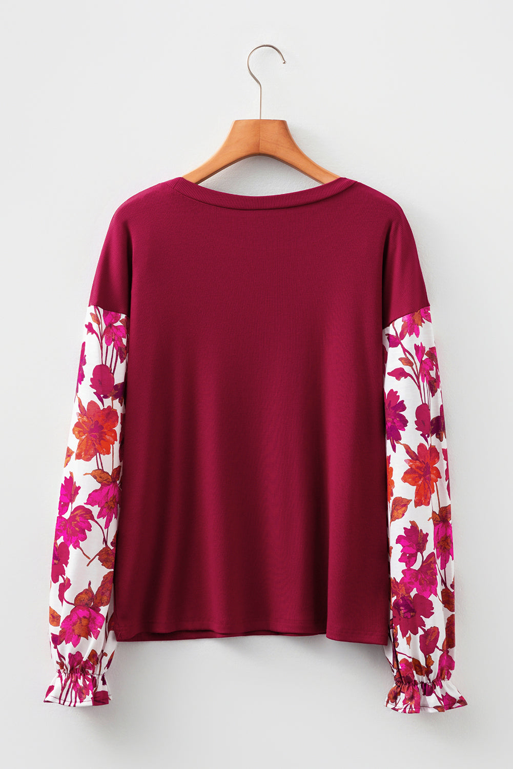 Contrast Solid Floral Sleeve Rib-Knit Long-Sleeved Top