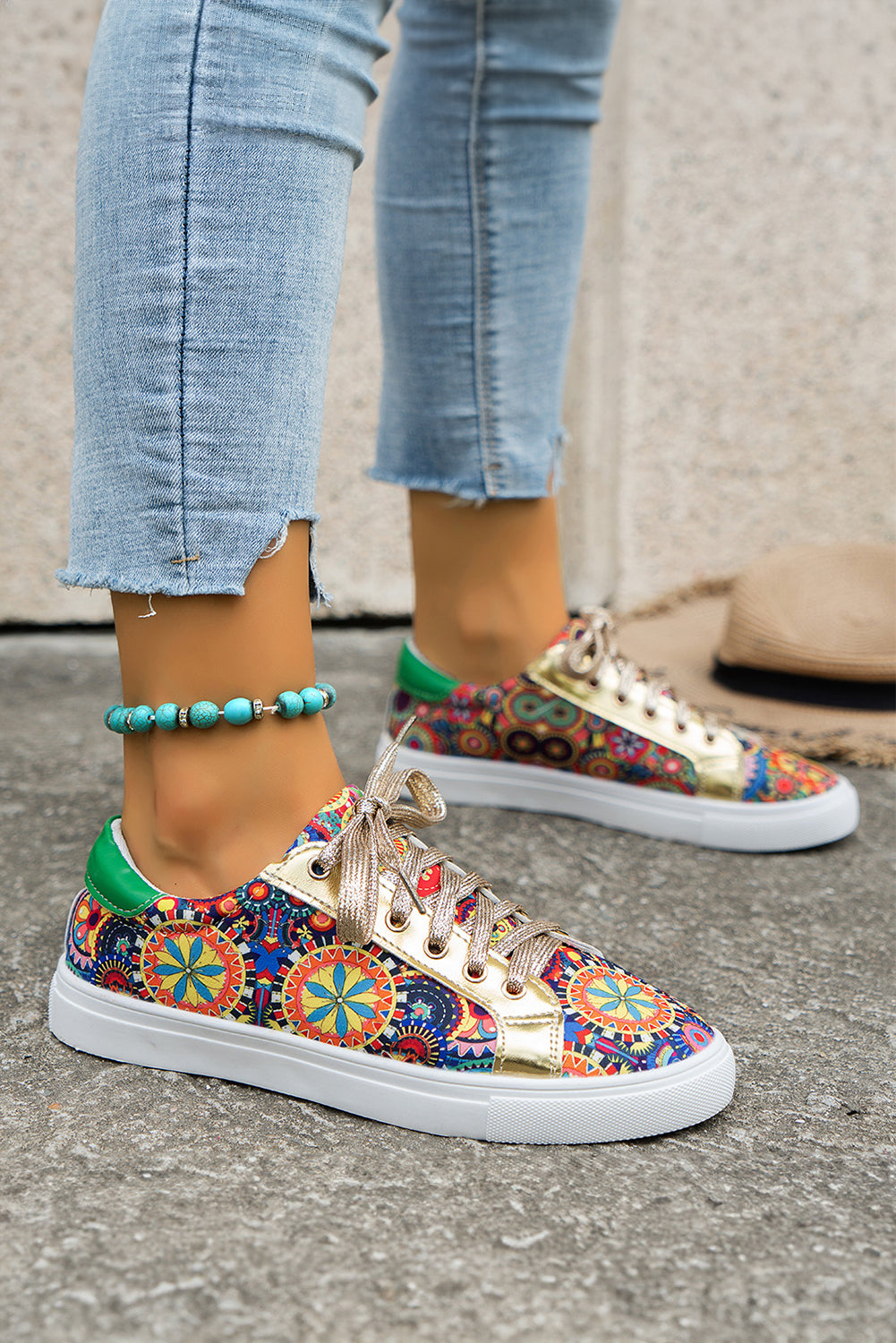 Floral Lace-up Sleek Patchwork Flat Shoes