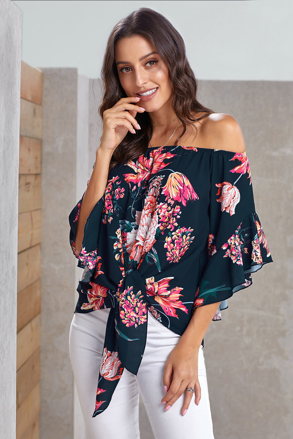 Women's Floral-Print Tie Front High Low Chiffon Navy Off Shoulder Blouse