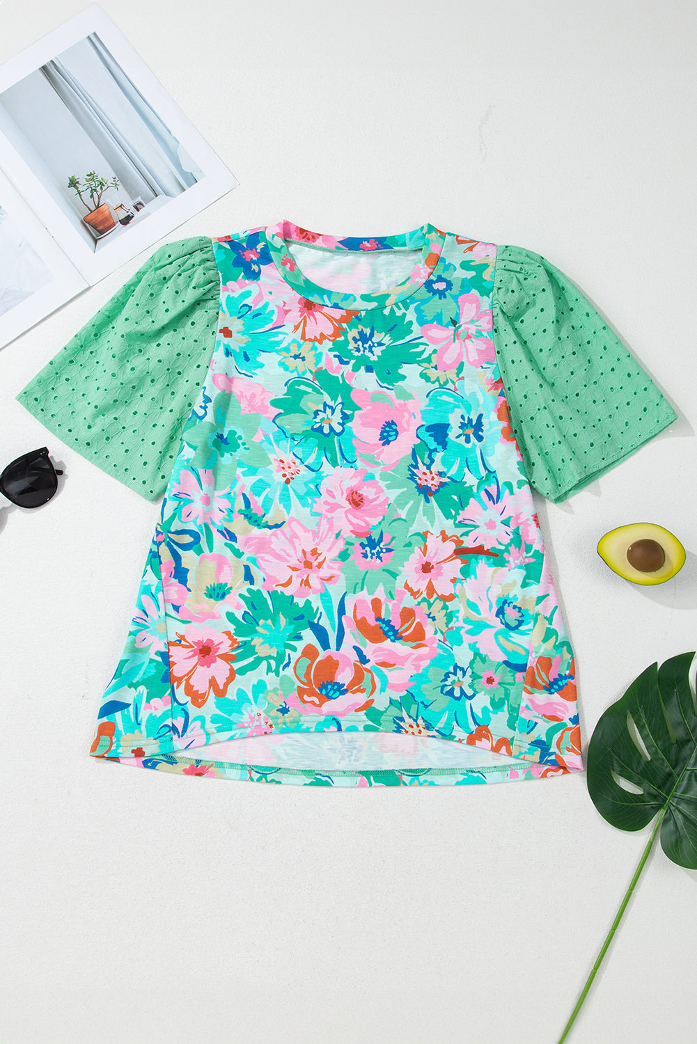 Floral Print Eyelet Embroidered Short Sleeve Top