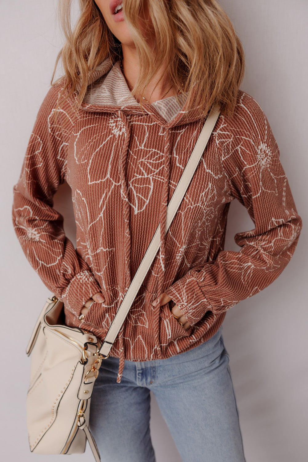 Rib Floral Twisted Drawcord Kangaroo Pocket Hoodie