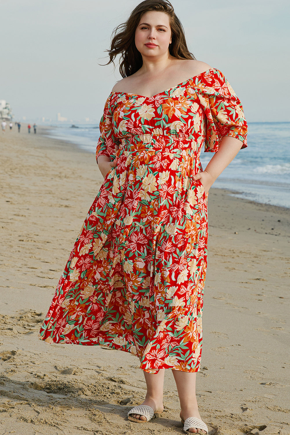 Floral Cinched Waist Long Plus Size Dress