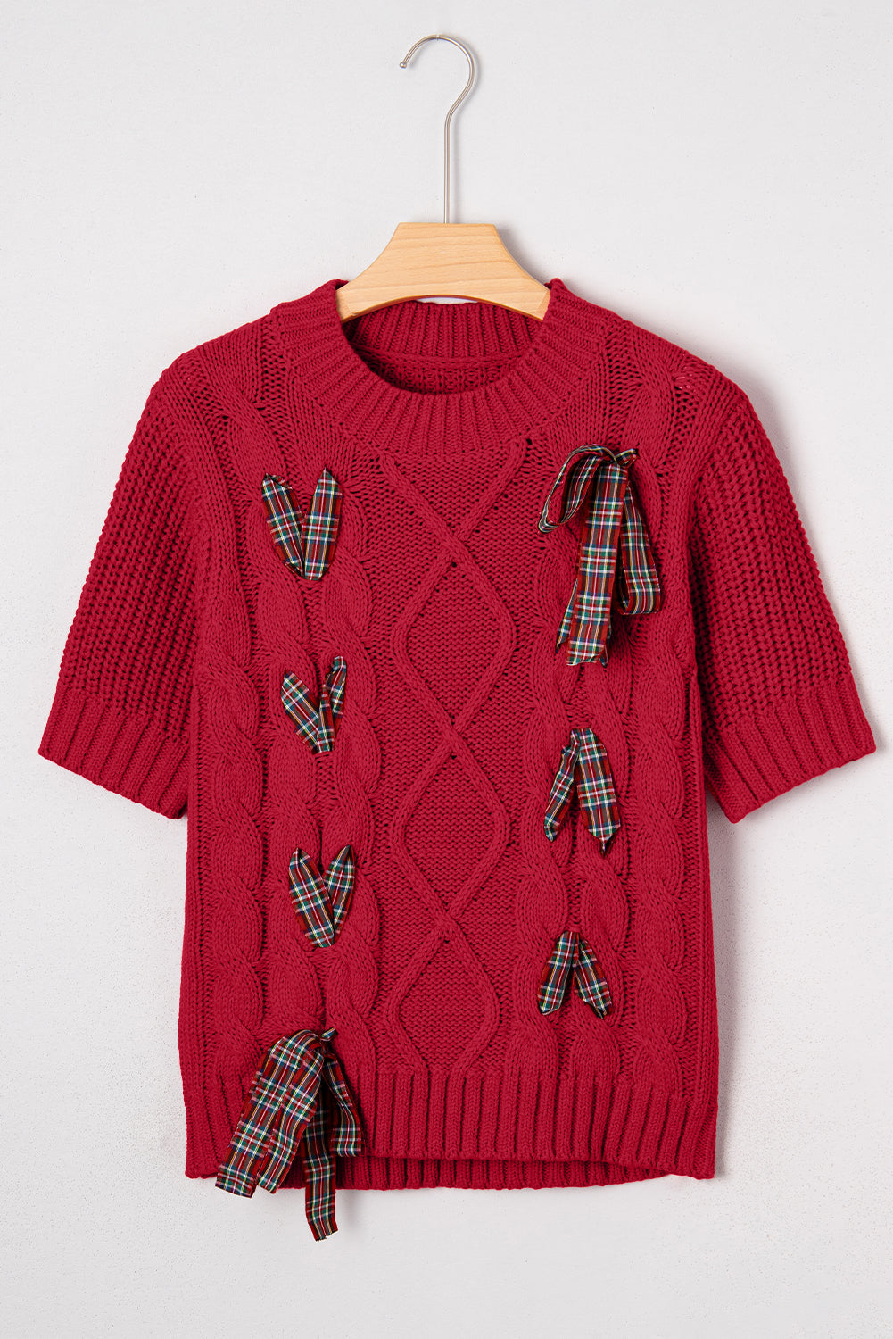 up Plaid Lace Detail Christmas Holiday Puff Short-Sleeved Knit Top