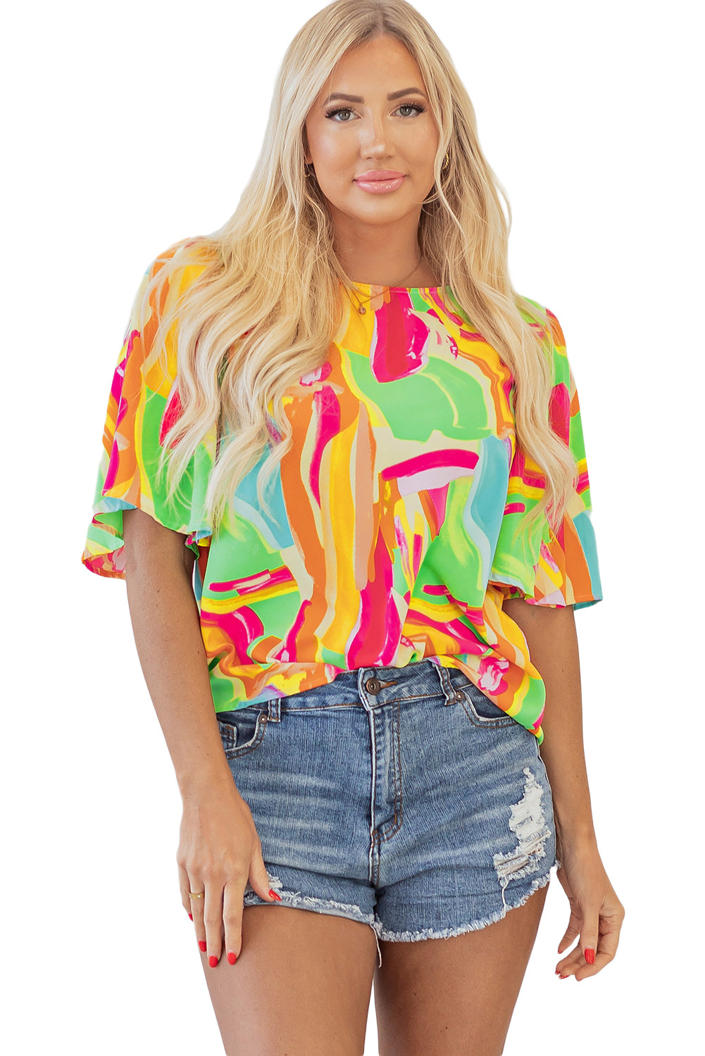 Abstract Print Keyhole Back Pleated Blouse