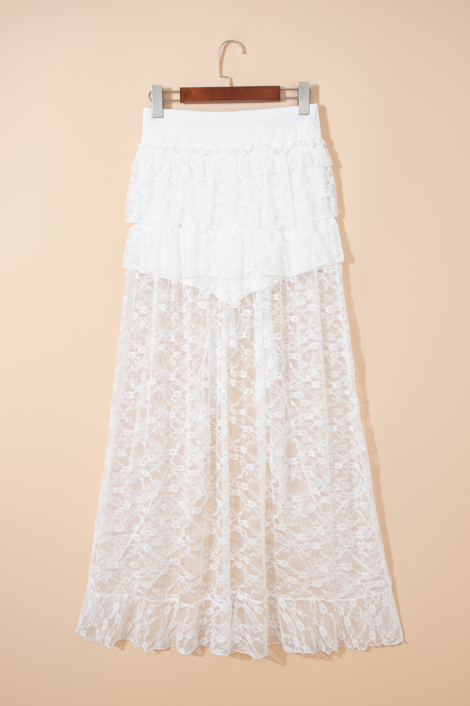 Polished Lace White Sheer Frilly Ruffles High Low Long Skirt