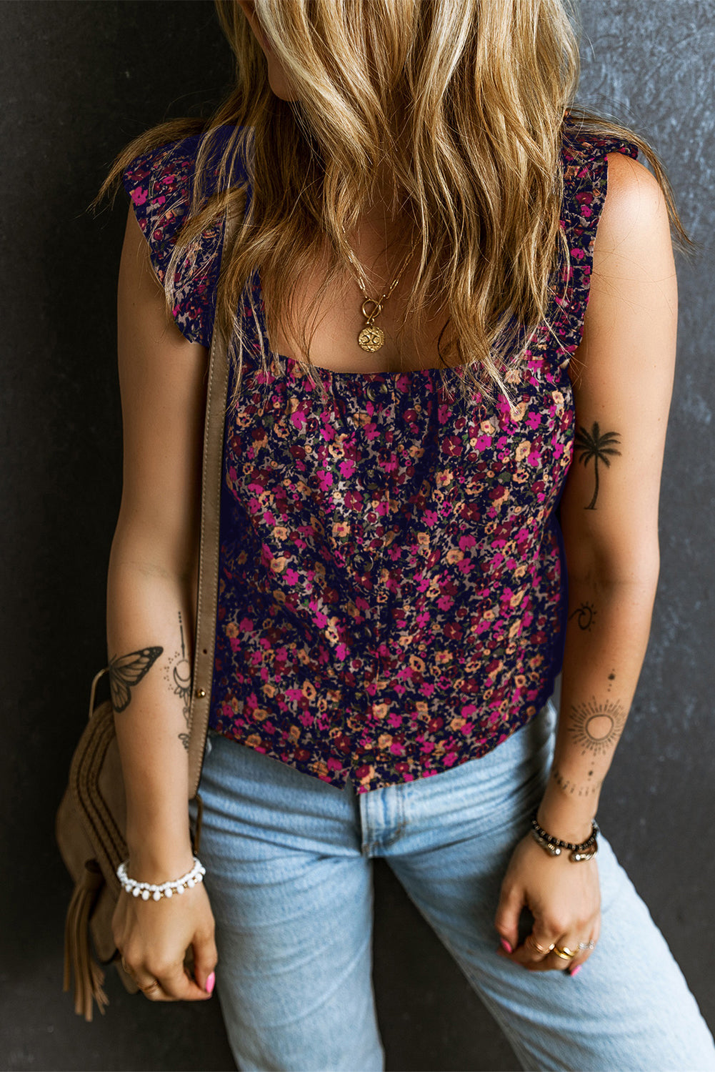 Women's Frill-Trimmed Straps Floral-Print Bohemian Tank Top
