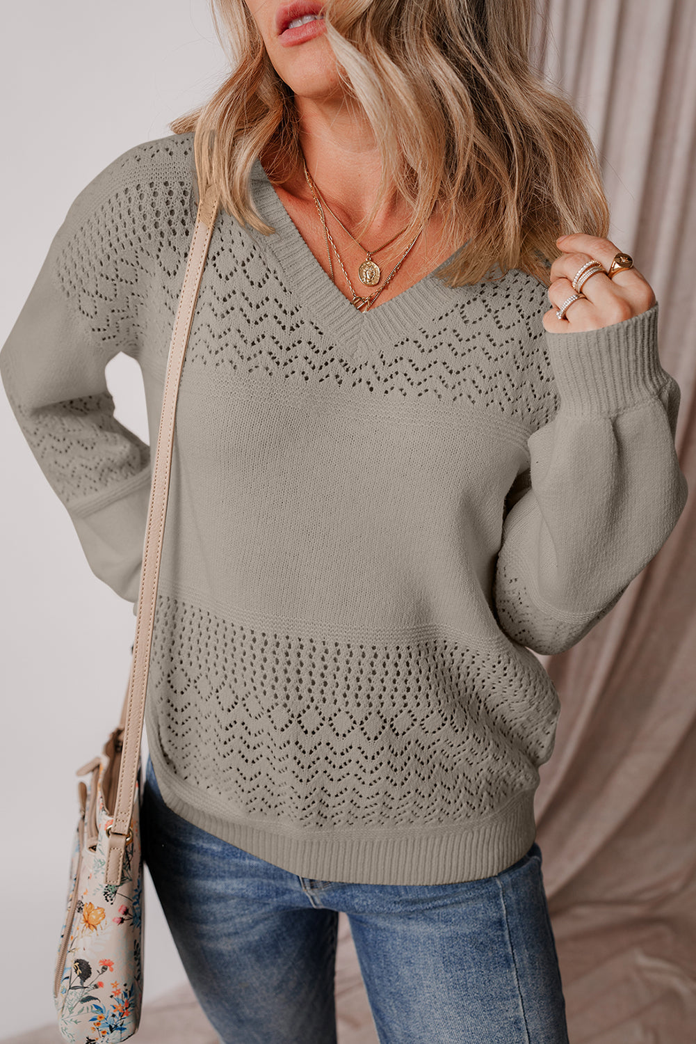 Eyelet Pattern Detail V Neck Drop Shoulder Sweater