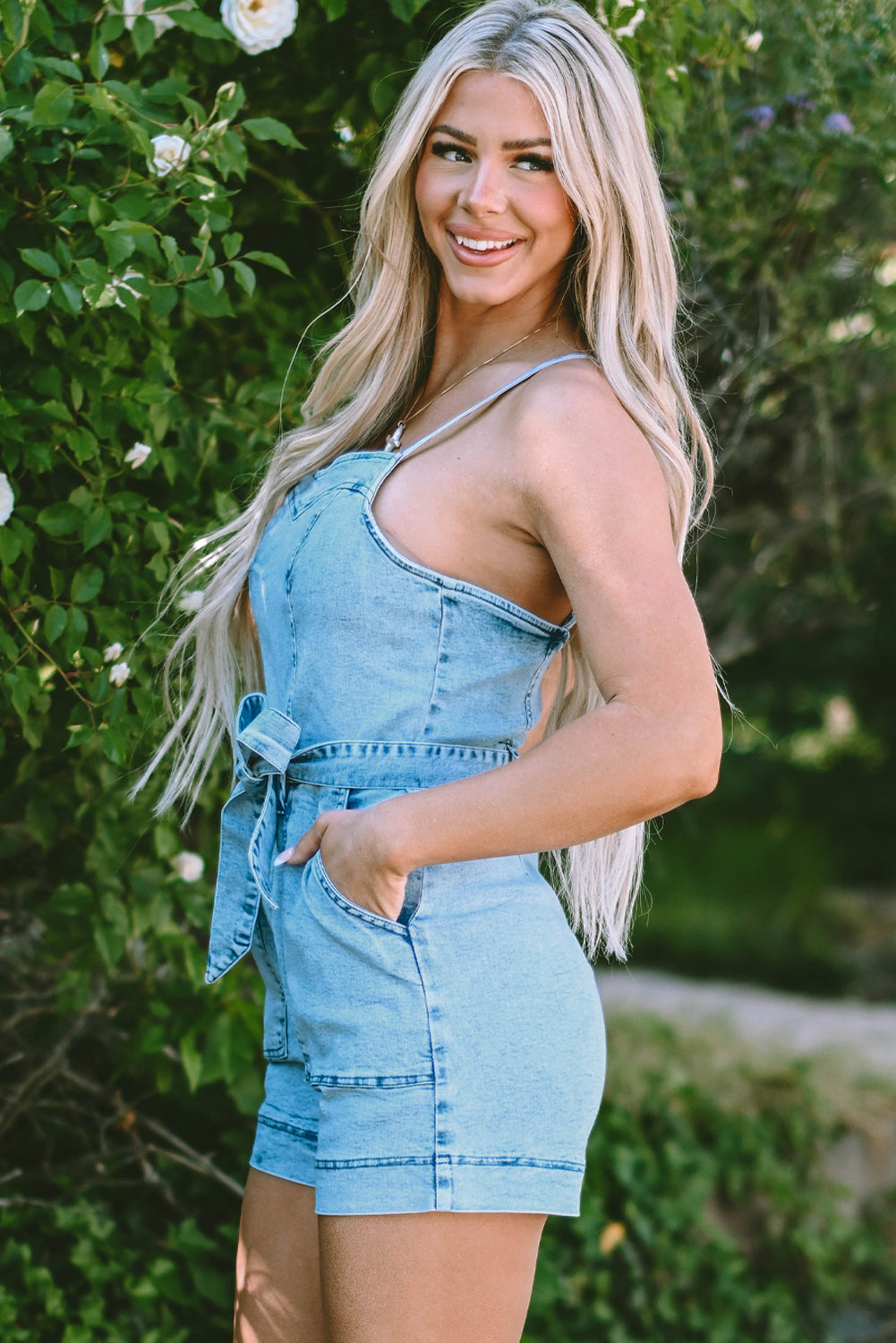 Women's Romper Featuring Belted Denim Spaghetti Straps