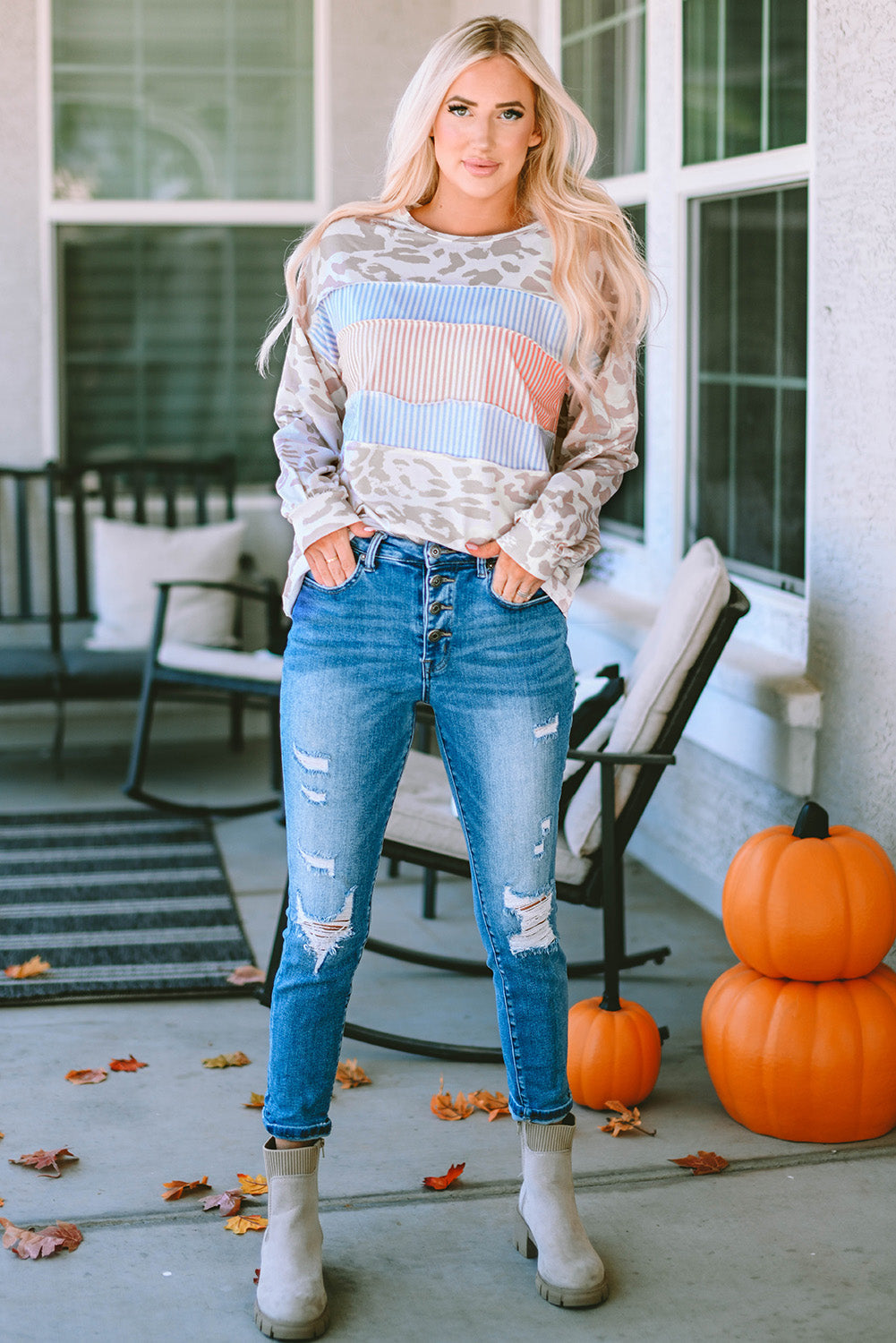Knit Top for Women Balloon Sleeve Contrast Stripes