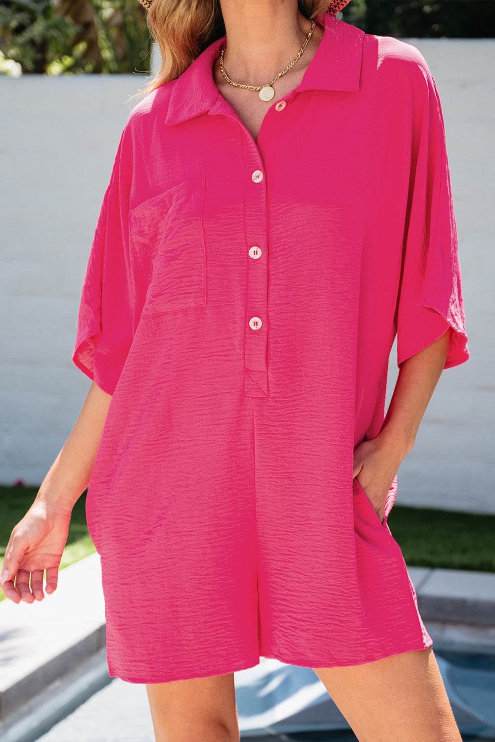 Women's Collared Loose Half Button Romper