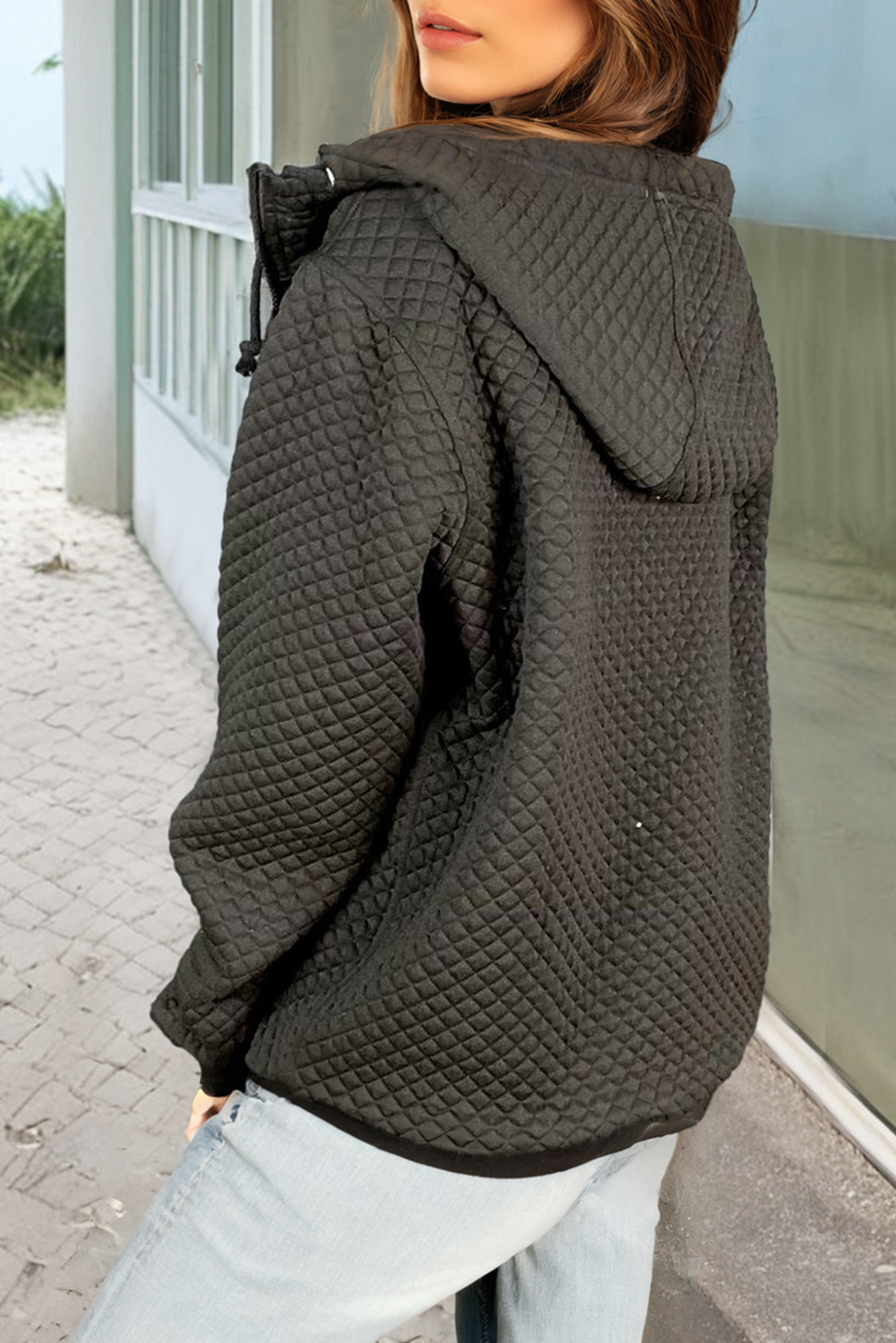 Quilted Side Pockets Zip Hooded Jacket in Black