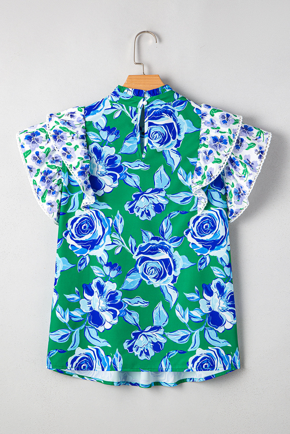 Lace Trim Floral-Print Trim Contrast Ruffle Sleeve Pleated Loose Blouse