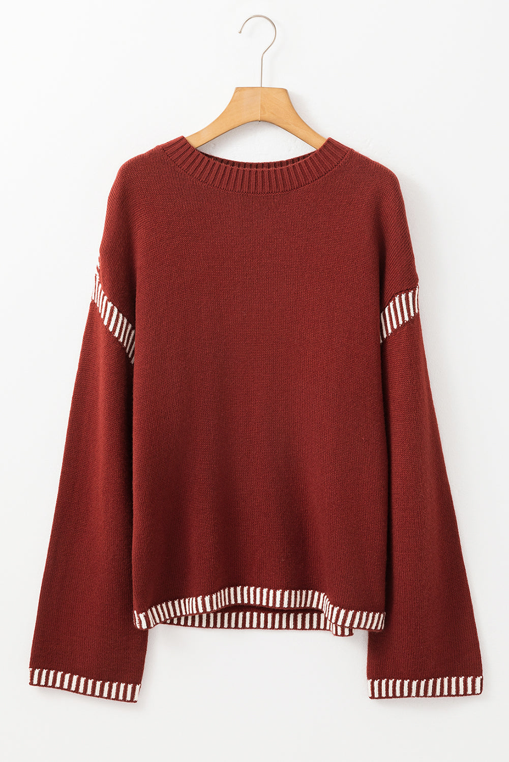 Color Contrast Trim Drop-Shoulder Crew-Neck Knit Top