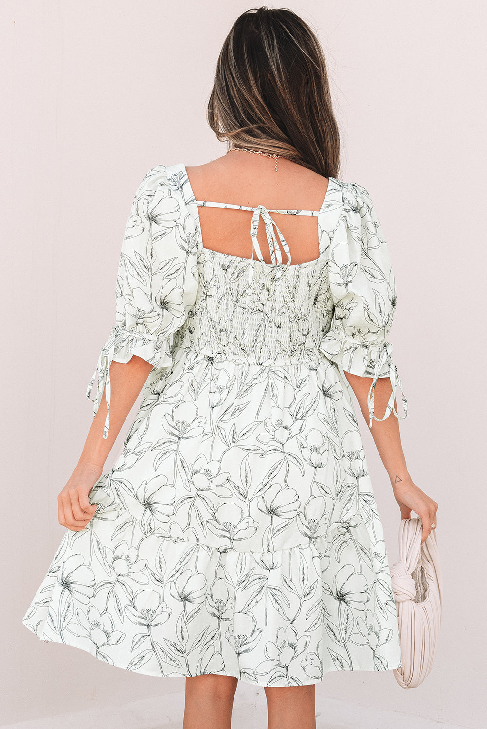 Floral Print Square Neck Shirred Back Mini Dress