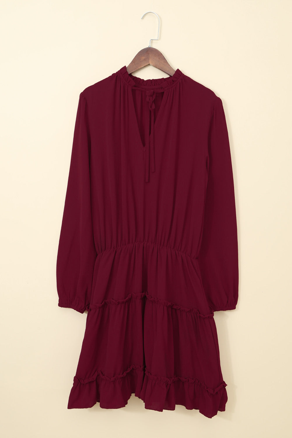 Women's Mini Dress with Wine V Neck Long-Sleeve Ruffle-Trimmed Layered