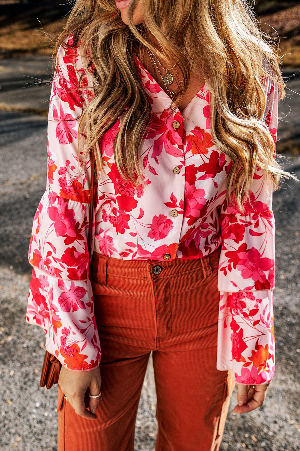 Women's Bodysuit Featuring Print Layered Bell Button-Front Floral-Print
