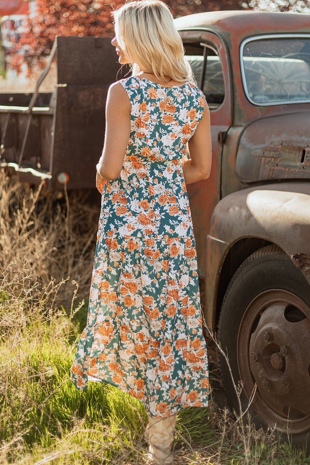 Floral Print Trimmed V Neck Tie Waist Sleeveless Holiday Long Dress