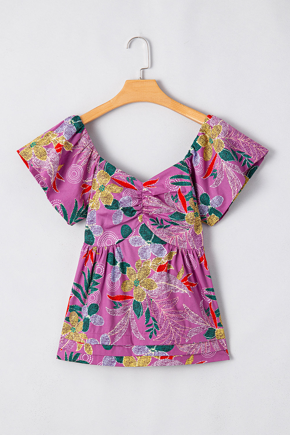 Floral Print Sweetheart Neck Flutter Sleeve Blouse