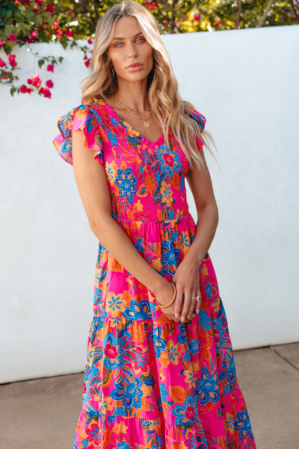 Women's Dress with Floral-Print Ruffle-Trimmed Layered Long Bohemian