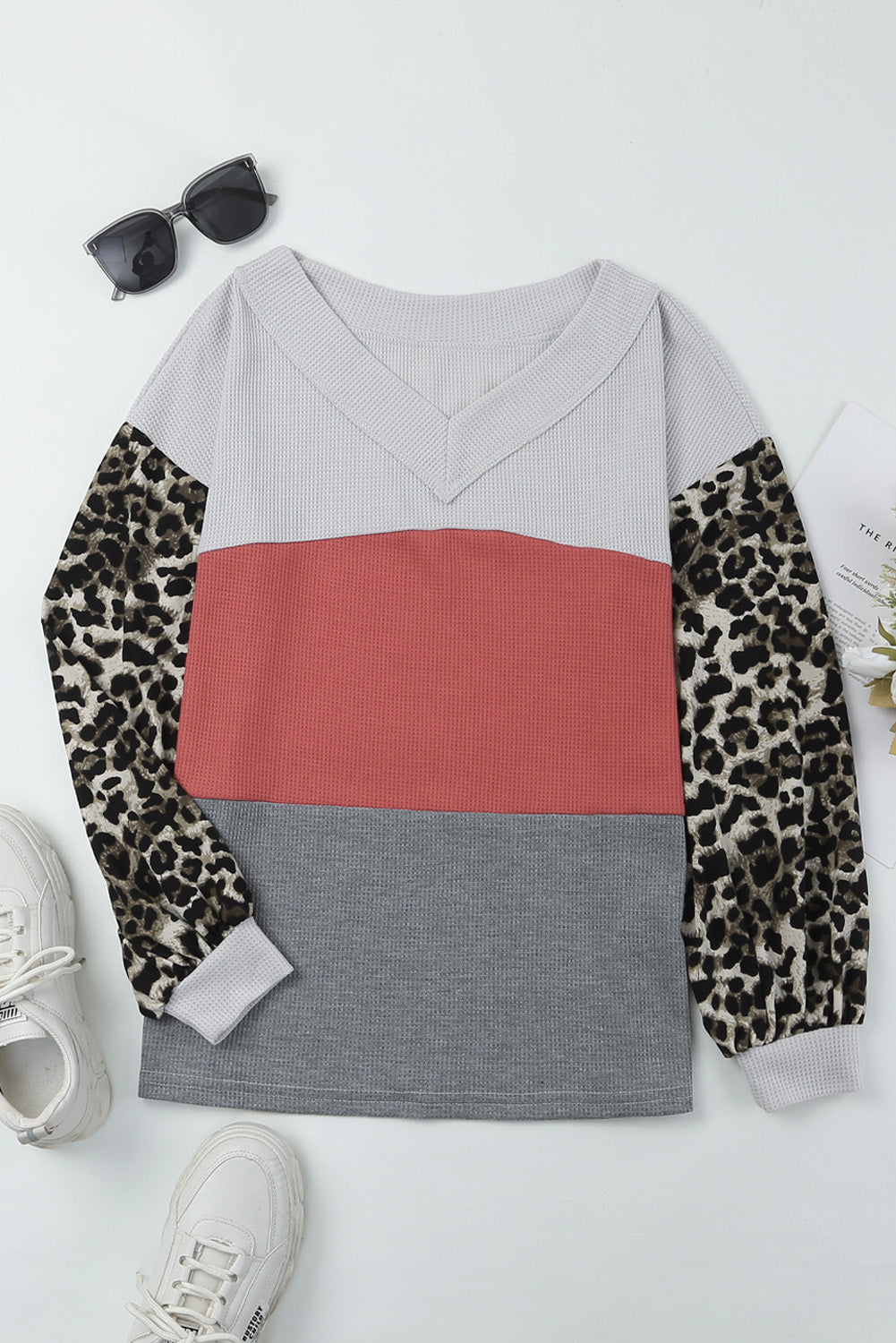 Women's Waffle Contrast Sleeve Knit Top