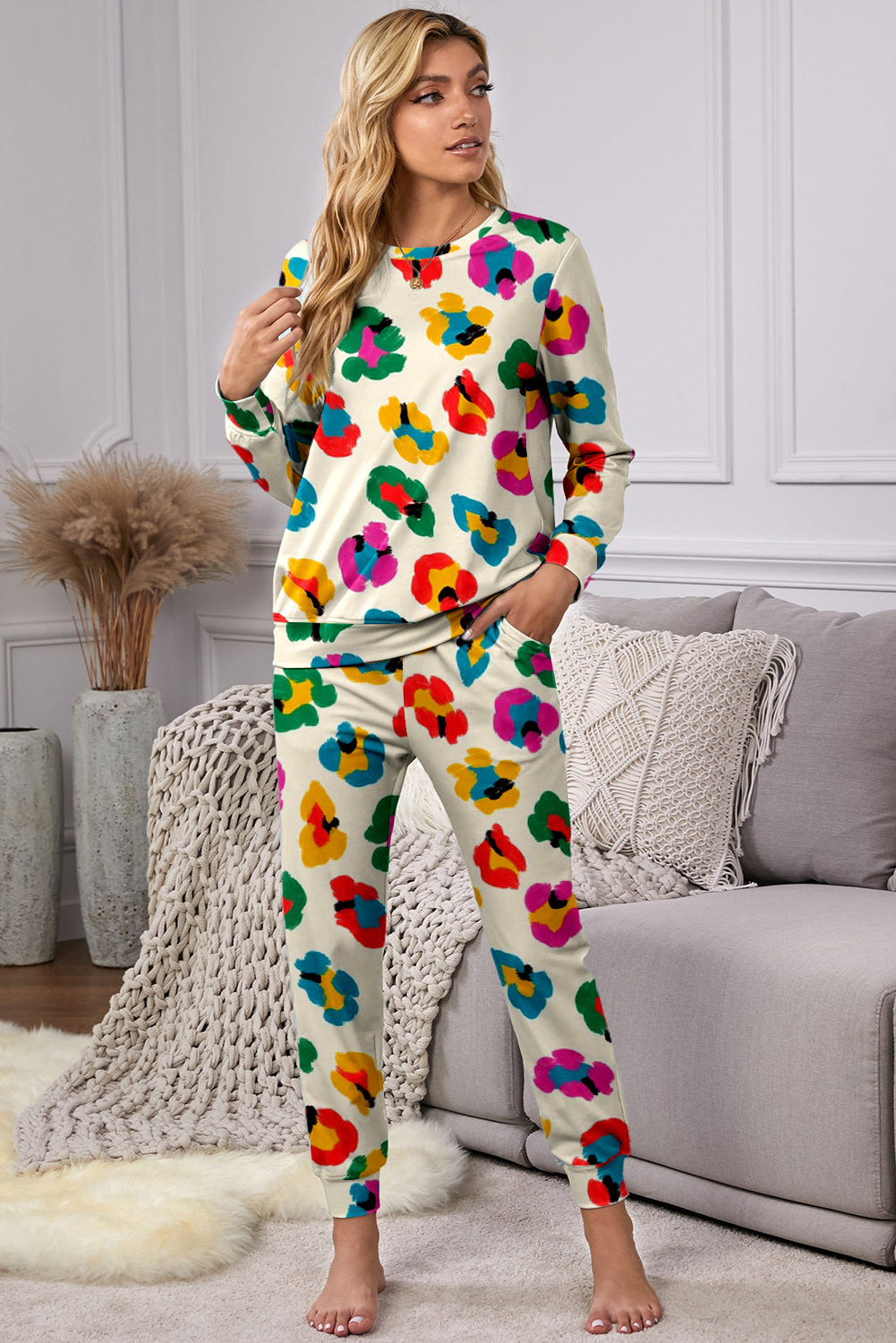 Leopard-Print Long-Sleeved Top and Skinny Pants Lounge Set