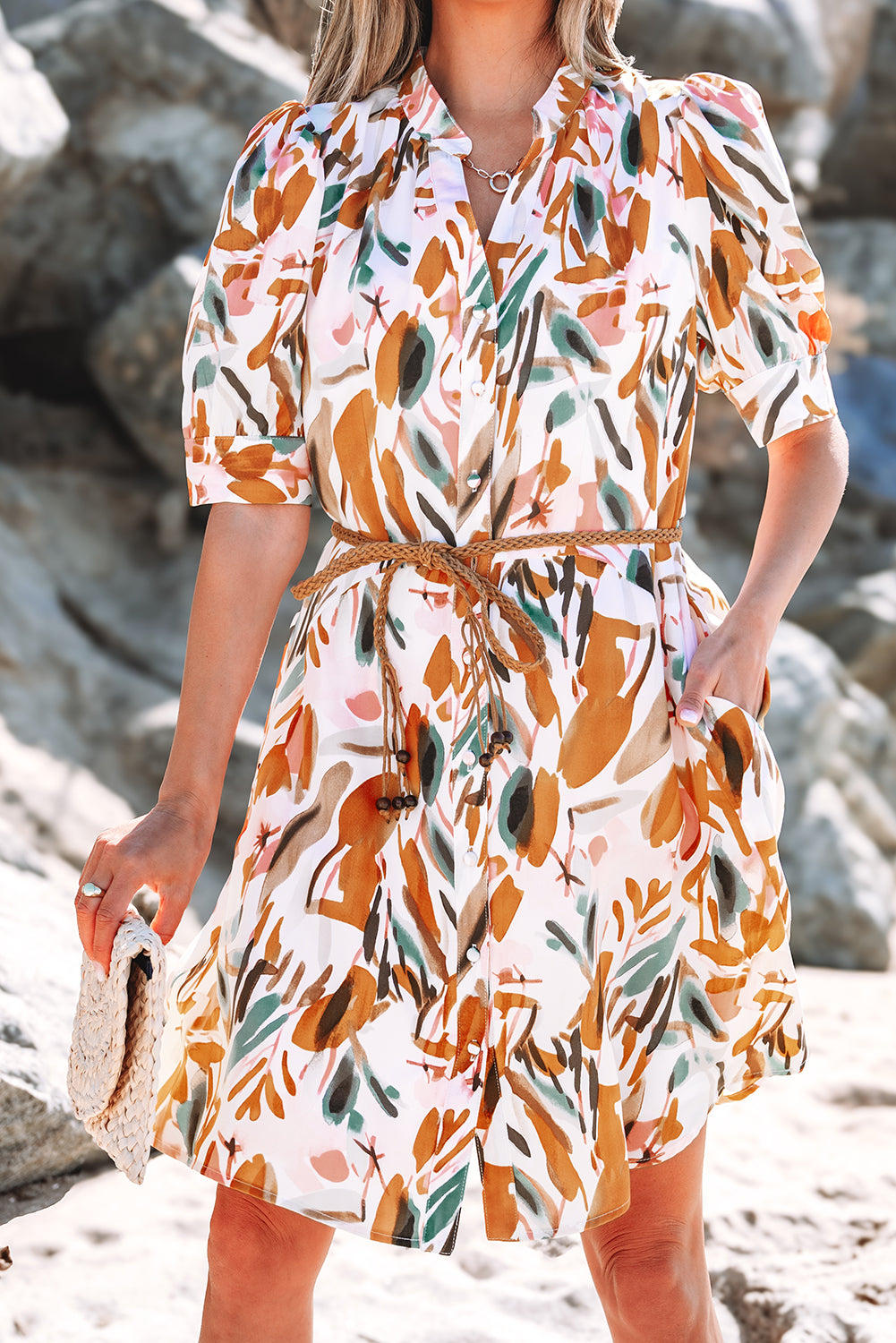 Abstract Printed Button Up Braided Belt Mini Dress