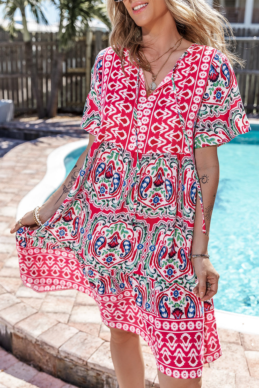 Women's Bohemian Ruffle-Trimmed Hem Short Dress