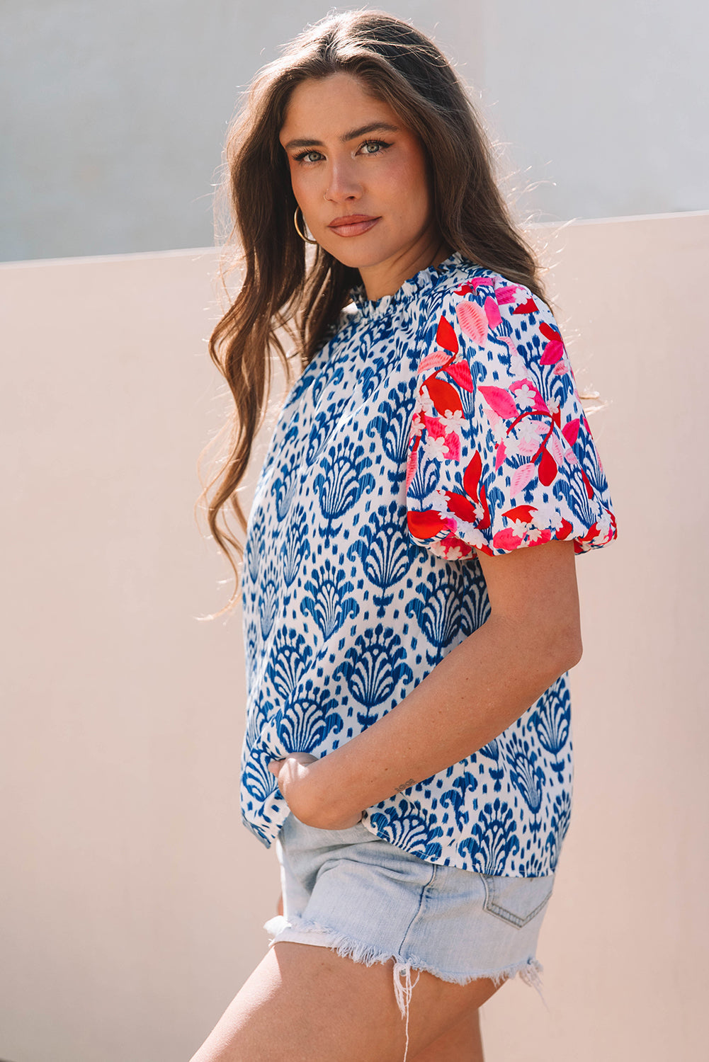Western Floral Puff Sleeve Frilled Neck Blouse