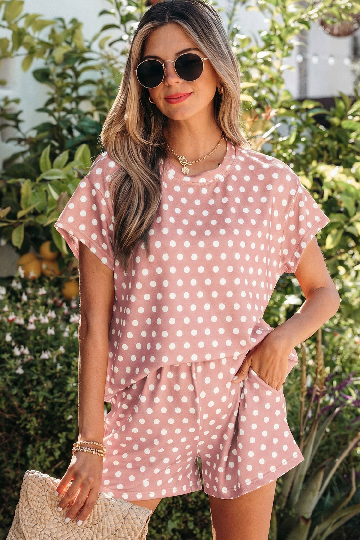 Polka-Dot Print Short Set in Pink