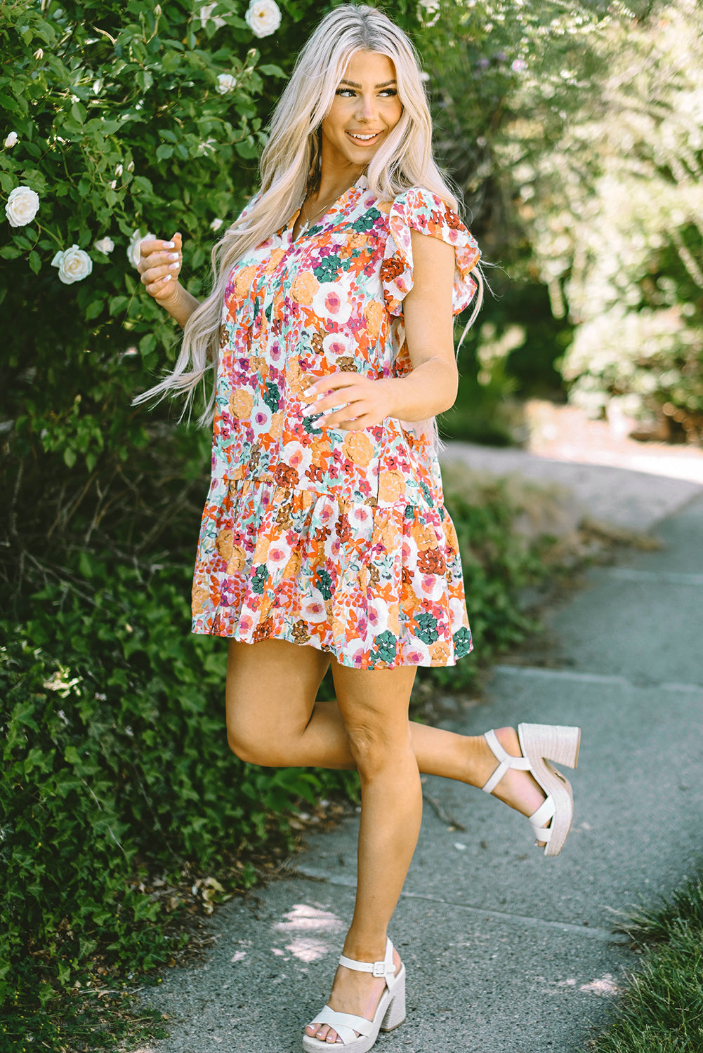 Women's Dresses Featuring Split Neck Flutter Floral-Print Print