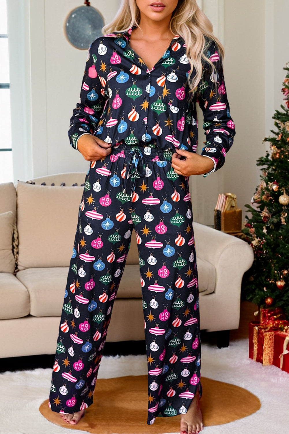 Lights Colorful Christmas Print Shirt and Pants Pajama Set