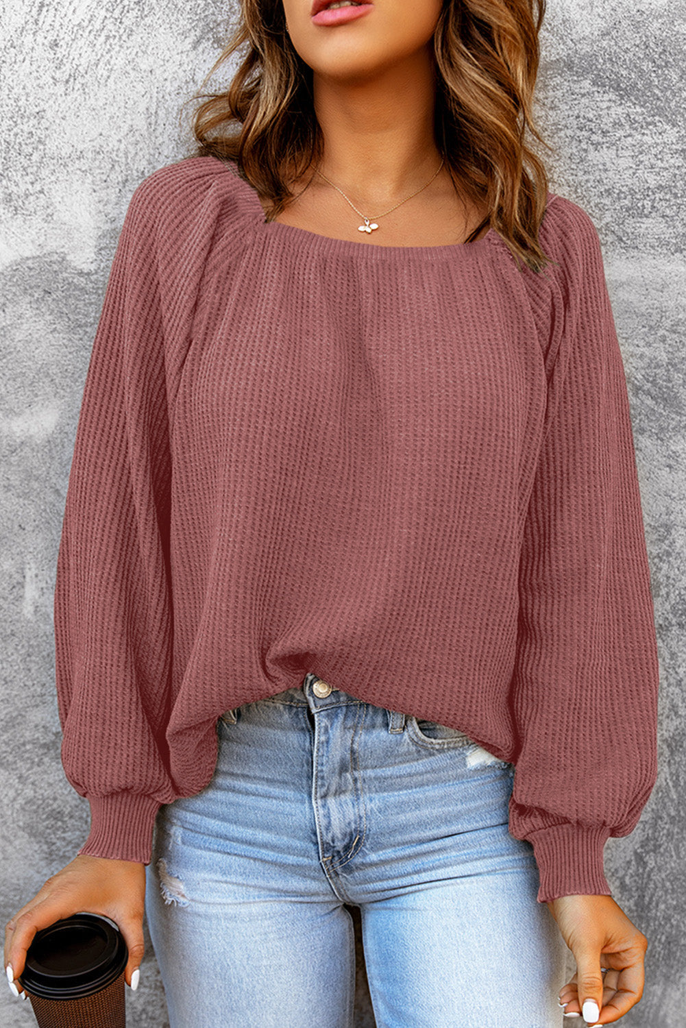 Women's Knit Top with Waffle Balloon Sleeve