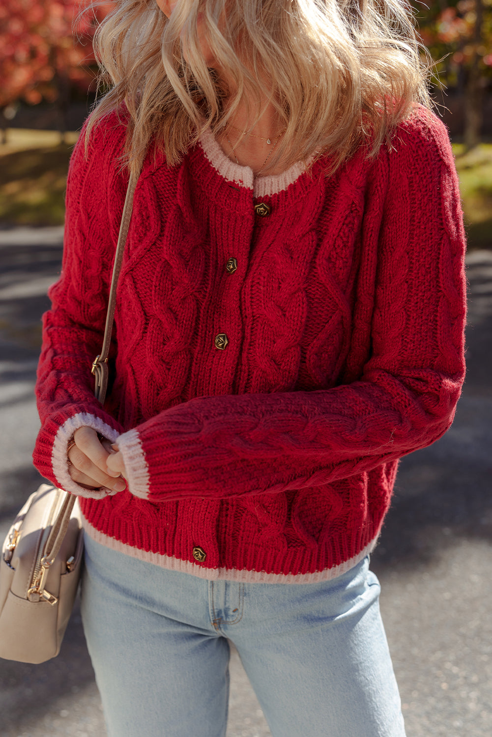 Color Contrast Edge Cable Knit Button-Front Cardigan in Red