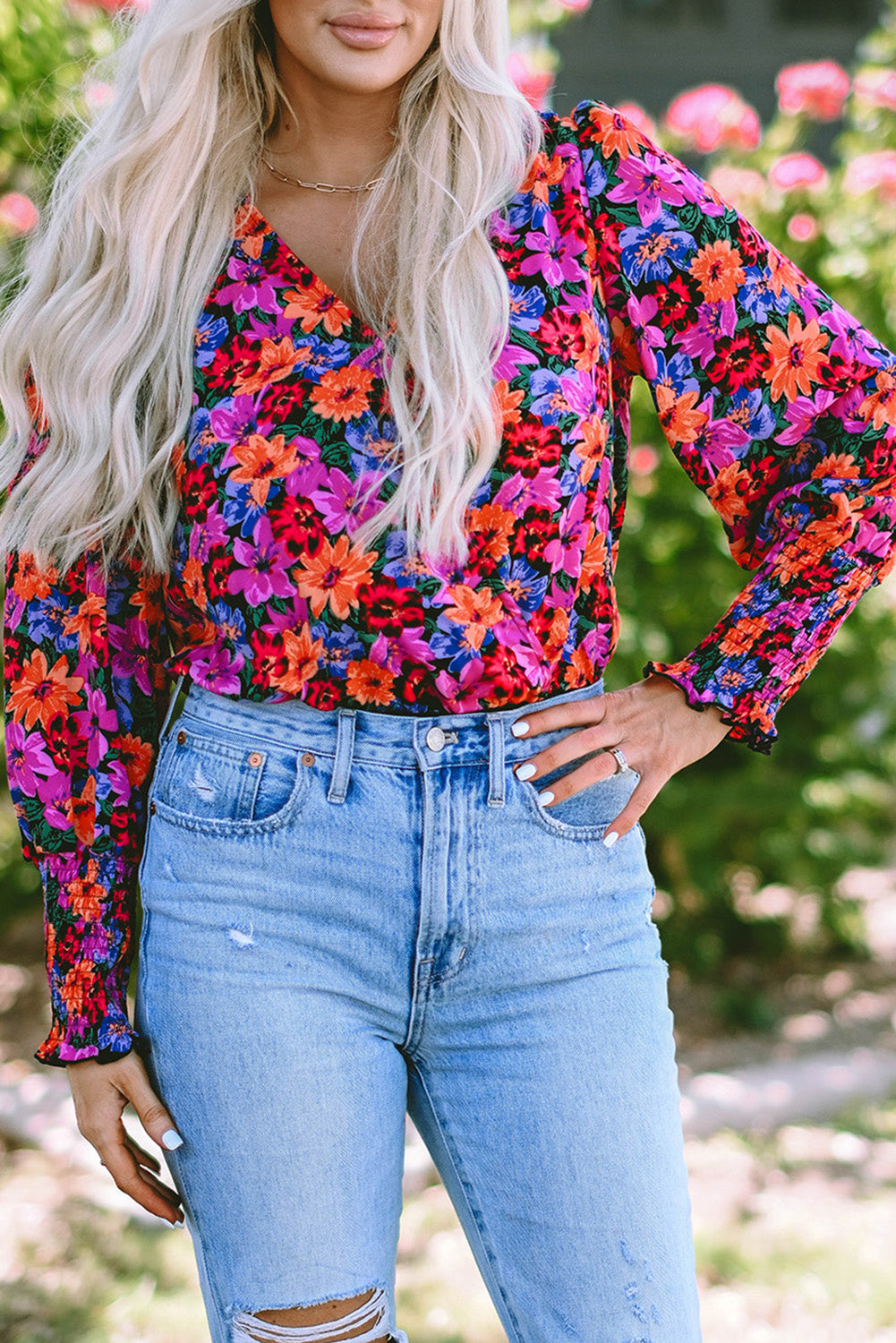 Women's Bodysuit with Wrap Long-Sleeve Floral-Print
