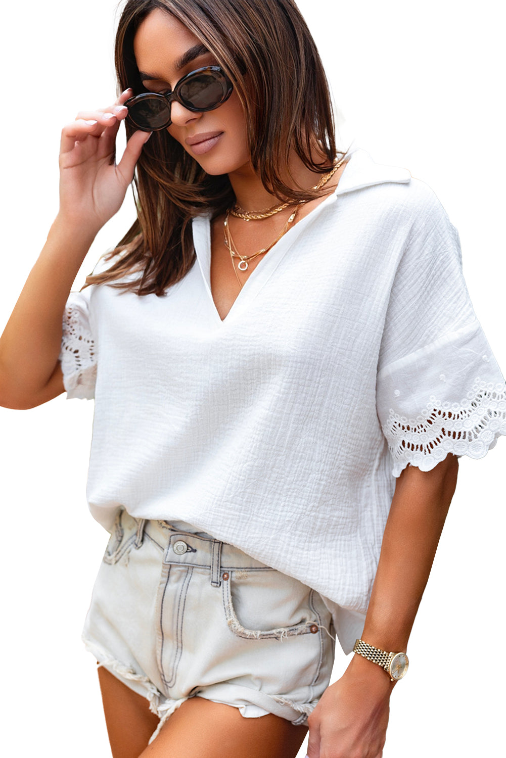 Blouse for Women Collared V Neck Crinkled Lace-Trimmed