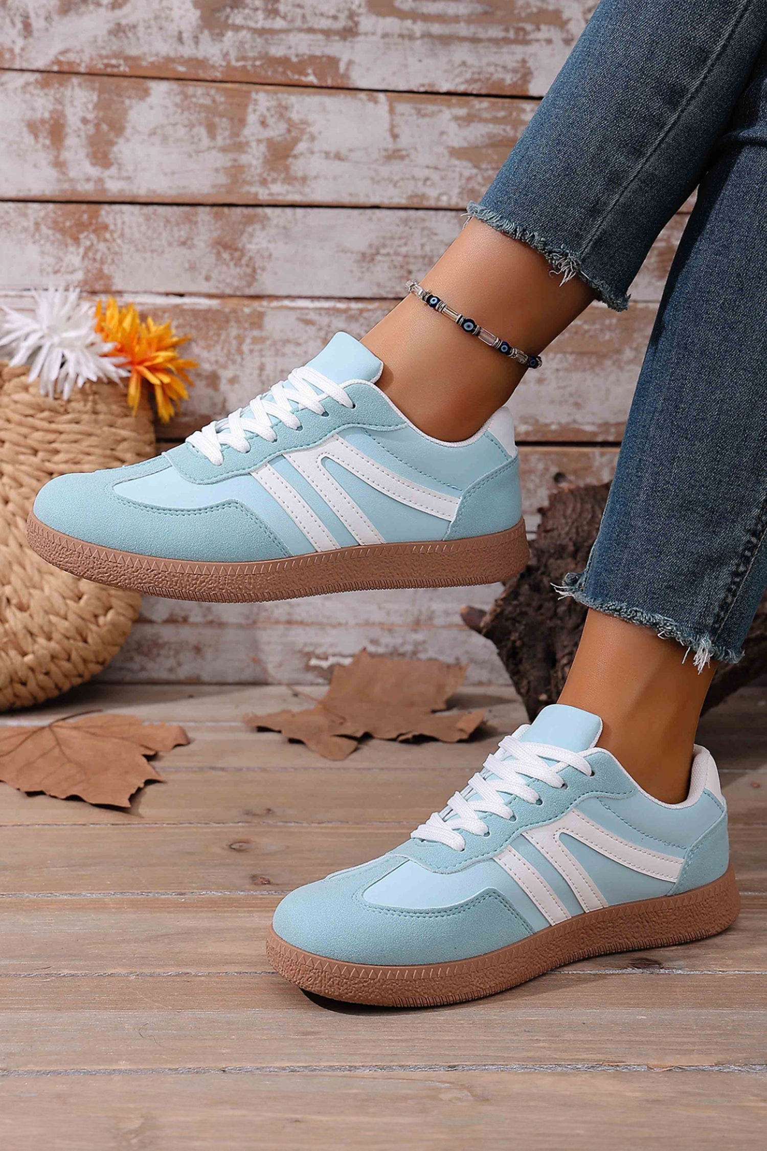 Dusk Blue Faux Suede PU Leather Colorblock Patchwork Lace-up Shoes
