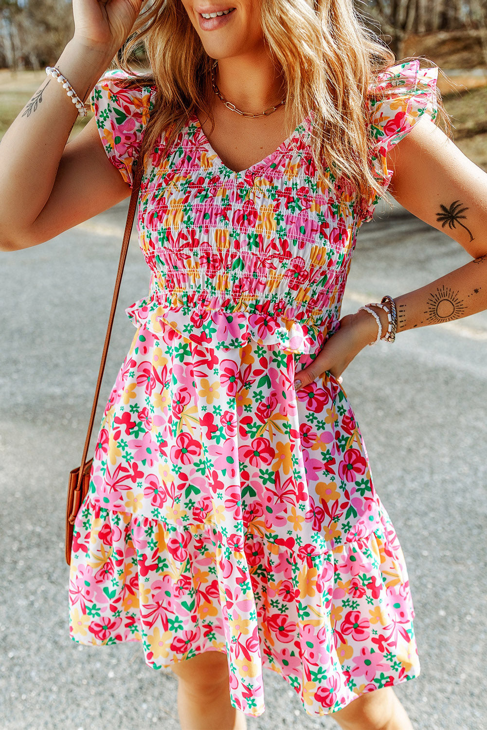 Women's Floral Dresses Featuring Shirred Bodice Ruffle-Trimmed