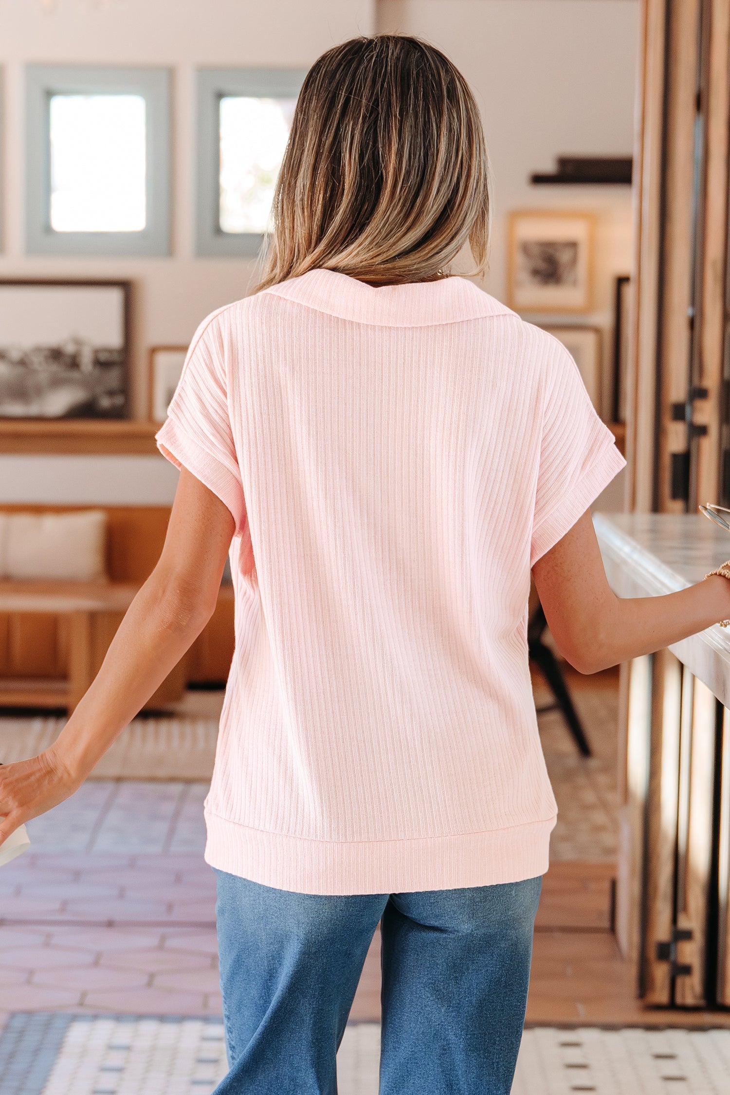 Rib-Knit Collared V-Neck Tee in Light Pink