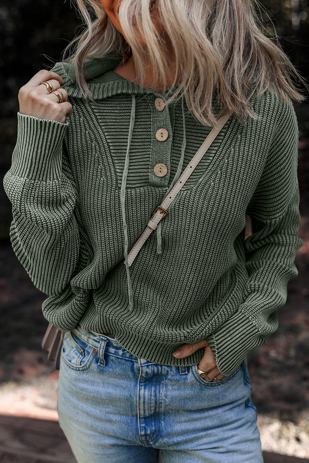 Mineral Wash Rib-Knit Knit Button Drawcord Neck Hooded Knit Top